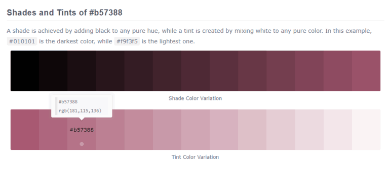 גוונים שונים של צבע ורדרד מתוך אתר ColorHexa