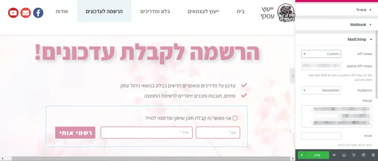 צילום מסך של טופס הרשמה באלמנטור עם אינטגרציה למיילצ'ימפ